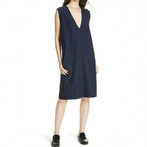 Eileen Fisher V Neck Shift Midi Dress Size Medium Navy Blue Stretch Crepe System